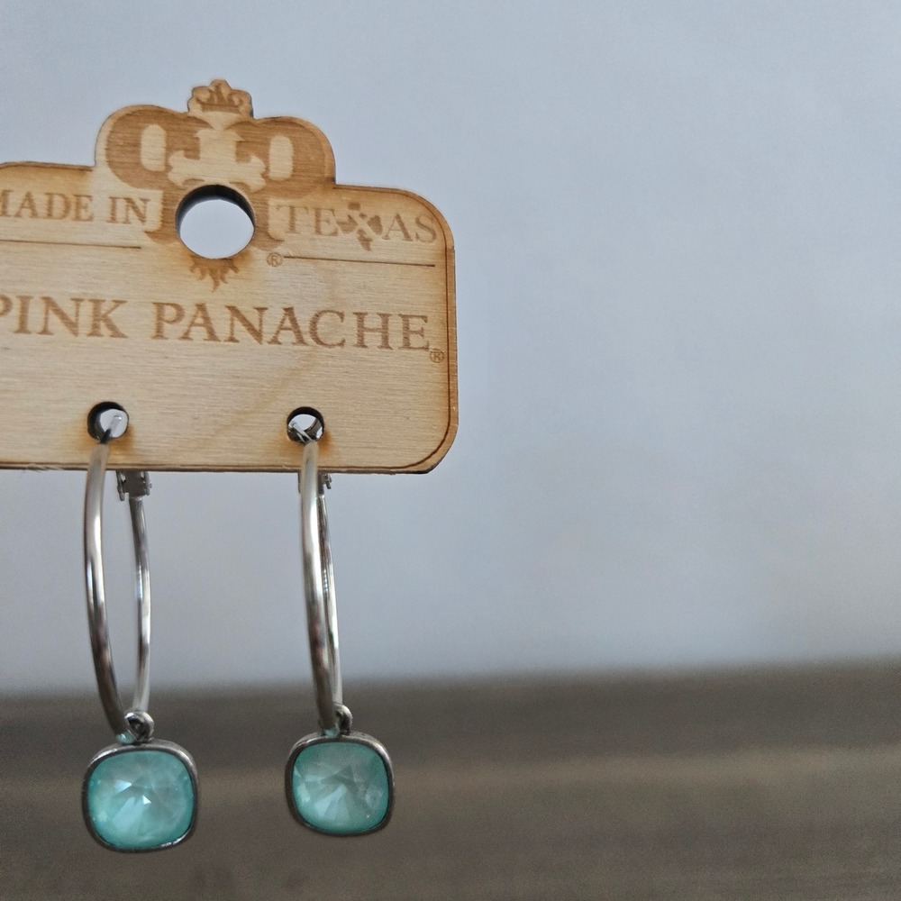 Pink Panache Silver Tone Light Mint Crystal Drop Hoop Earrings NWT